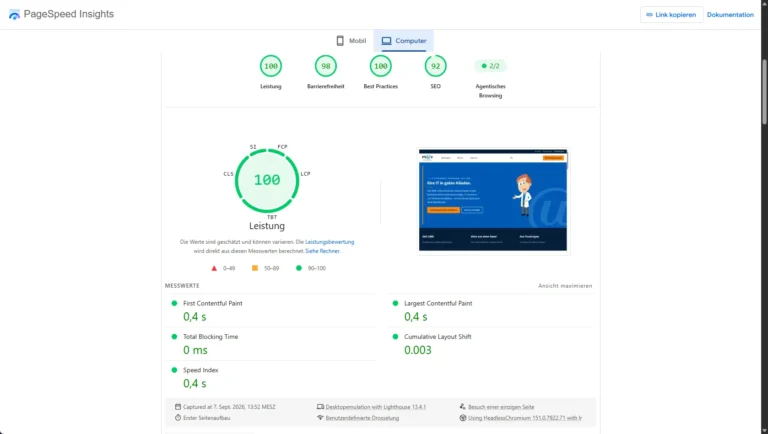 PageSpeed Insights für muv.com, Ansicht Computer: Leistung 100, Barrierefreiheit 98, Best Practices 100, SEO 92. First Contentful Paint 0,4 s, Largest Contentful Paint 0,4 s, Total Blocking Time 0 ms, Cumulative Layout Shift 0,003, Speed Index 0,4 s.