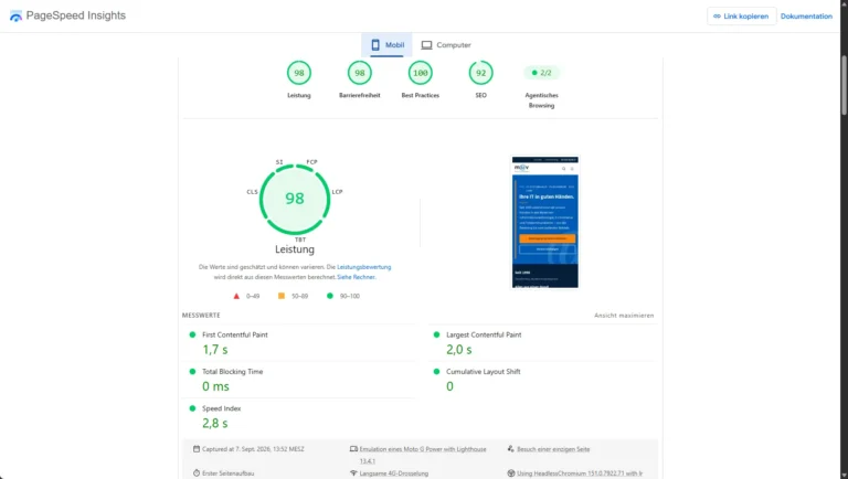 PageSpeed Insights für muv.com, Ansicht Mobil: Leistung 98, Barrierefreiheit 98, Best Practices 100, SEO 92. First Contentful Paint 1,7 s, Largest Contentful Paint 2,0 s, Total Blocking Time 0 ms, Cumulative Layout Shift 0, Speed Index 2,8 s.