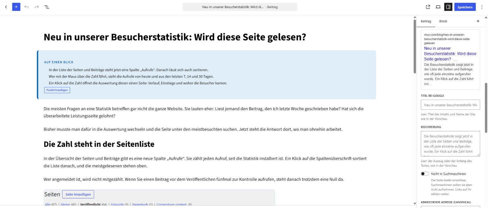 Der Editor von WordPress mit einem Beitrag. Rechts das Feld „Suchmaschinen“ mit der Vorschau, wie der Beitrag bei Google erscheint, darunter die Felder für Titel und Beschreibung.