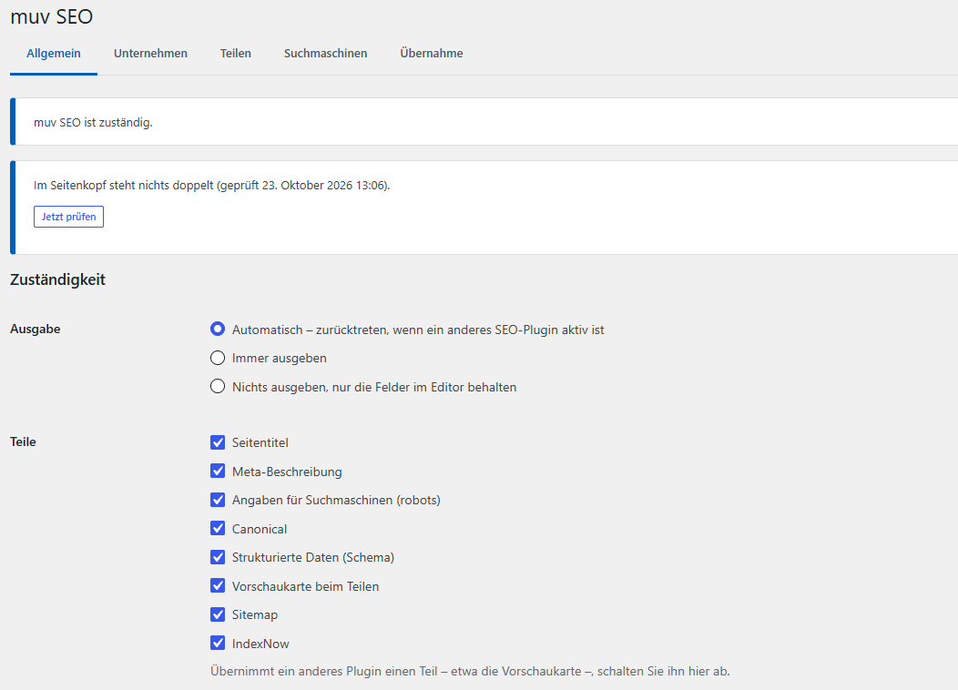 Die Einstellungen von muv SEO im Reiter „Allgemein“: oben der Hinweis, dass muv SEO zuständig ist und im Seitenkopf nichts doppelt steht, darunter die Ausgabe und die einzeln abschaltbaren Teile.