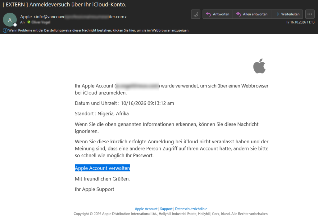Bildschirmfoto der gefälschten Mail: Absender „Apple“ mit fremder Adresse, Betreff „Anmeldeversuch über Ihr iCloud-Konto“, Standort Nigeria, Datum im amerikanischen Format und ein Link „Apple Account verwalten“.